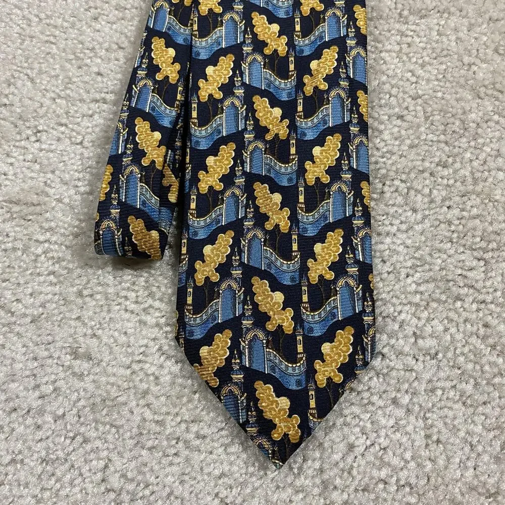 Christian Tyler Silk Tie Mens Blue Geometric Cityscape Jacquard Necktie London